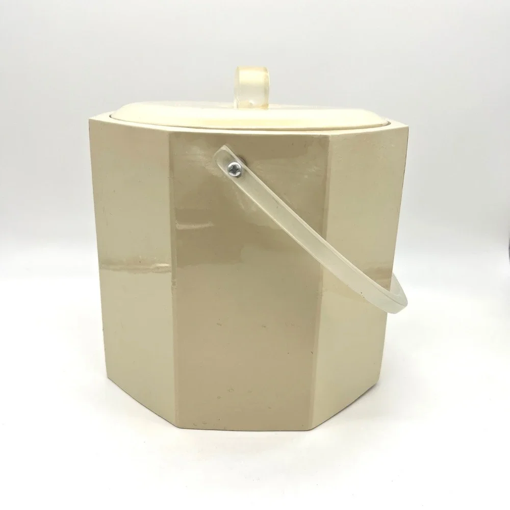 Vintage Georges Briard Ice Bucket Beige Octagon‎ Acrylic Handle Lid Mid Century